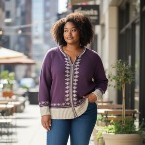 VTG Denim & Co Nordic Full Zip Plum Cardigan Sweater 1X Ramie Wool Blend